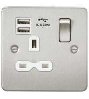 Knightsbridge Flat Plate 13A 1G Switched Socket Dual USB 2.1A White Insert (Brushed Chrome)